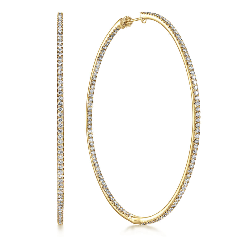 14K Yellow Gold 70mm Classic Diamond Hoop Earrings - 3.4 ct - Shot 1