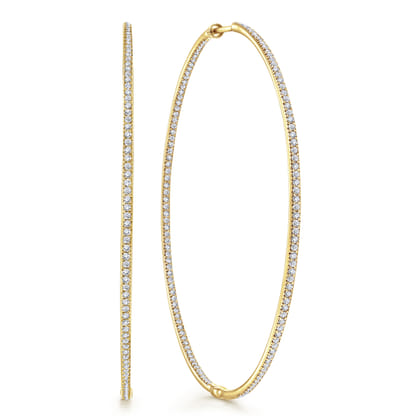 14K Yellow Gold 70mm Round Classic Diamond Hoop Earrings