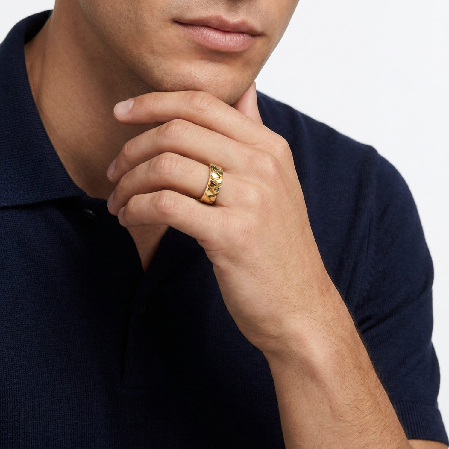 14K Yellow Gold 8mm Herringbone Mens Ring in High Polish - Shot 5