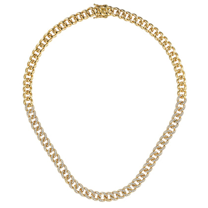 14K Yellow Gold 8mm Solid Cuban Link Chain Diamond Necklace