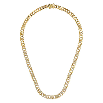 14K Yellow Gold 8mm Solid Cuban Link Chain Diamond Necklace