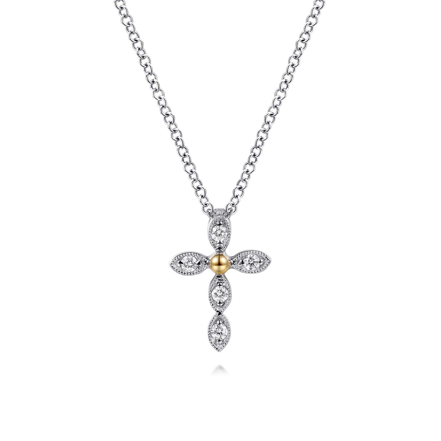 14K Yellow Gold  925 Sterling Silver Diamond Cross Pendant Necklace - Shot 1