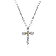 14K Yellow Gold  925 Sterling Silver Diamond Cross Pendant Necklace
