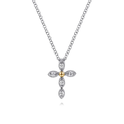 14K Yellow Gold  925 Sterling Silver Diamond Cross Pendant Necklace