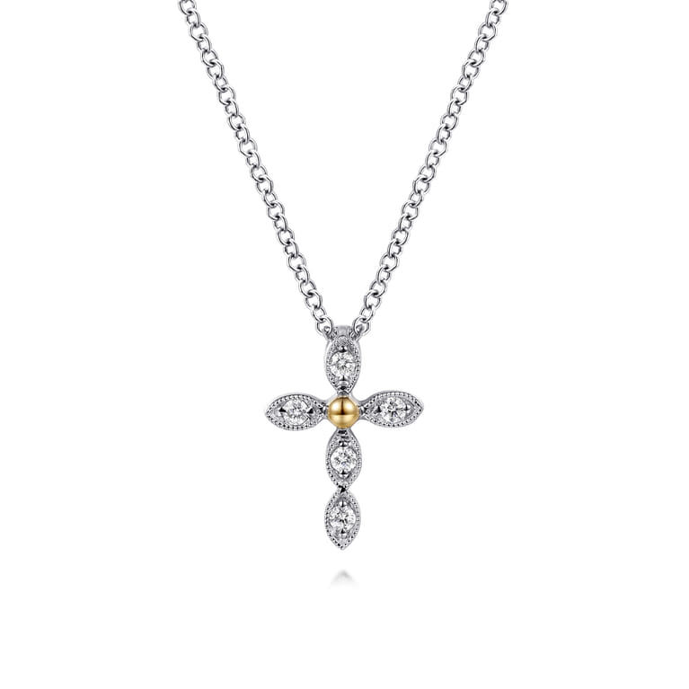 14K Yellow Gold  925 Sterling Silver Diamond Cross Pendant Necklace - Shot 1