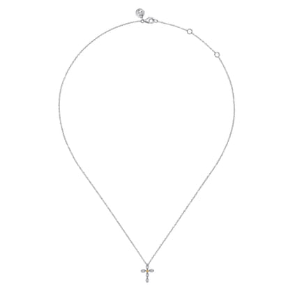 14K Yellow Gold  925 Sterling Silver Diamond Cross Pendant Necklace