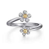 14K Yellow Gold  925 Sterling Silver Diamond Flower Bypass Ring