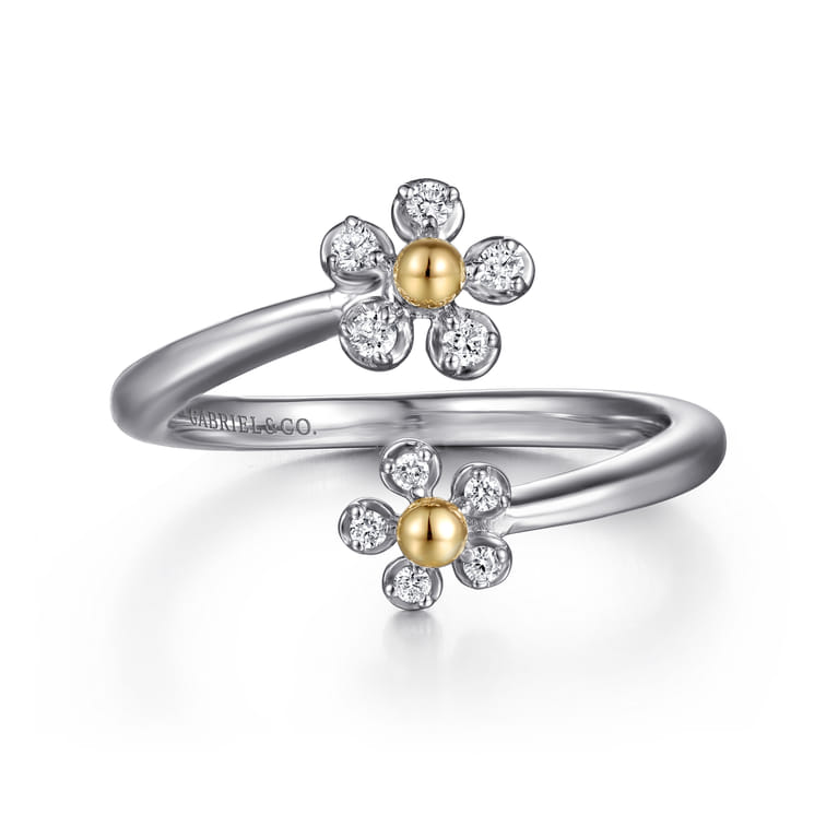14K Yellow Gold  925 Sterling Silver Diamond Flower Bypass Ring - 0.1 ct - Shot 1