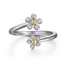 14K Yellow Gold  925 Sterling Silver Diamond Flower Bypass Ring - 0.1 ct
