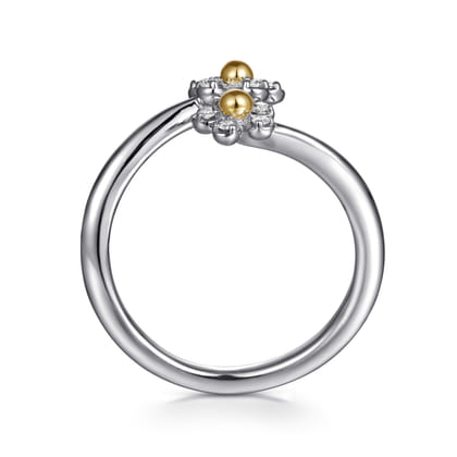 14K Yellow Gold  925 Sterling Silver Diamond Flower Bypass Ring