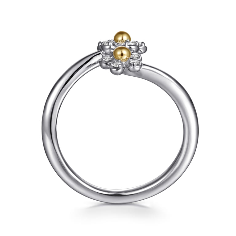 14K Yellow Gold  925 Sterling Silver Diamond Flower Bypass Ring - 0.1 ct - Shot 2