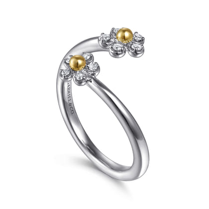 14K Yellow Gold  925 Sterling Silver Diamond Flower Bypass Ring