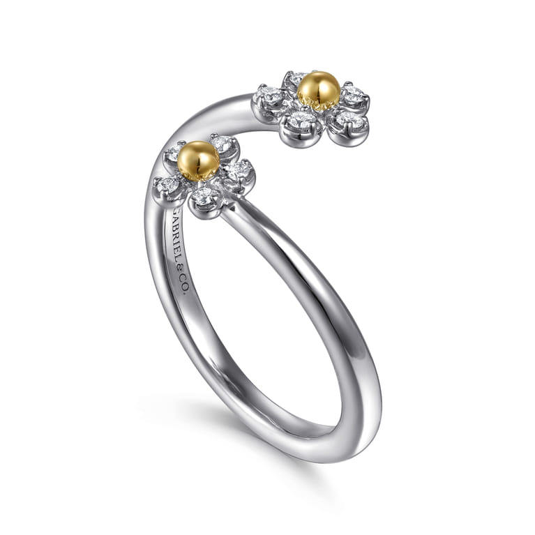 14K Yellow Gold  925 Sterling Silver Diamond Flower Bypass Ring - 0.1 ct - Shot 3