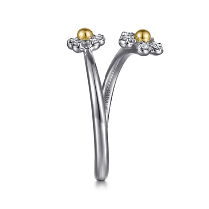 14K Yellow Gold  925 Sterling Silver Diamond Flower Bypass Ring