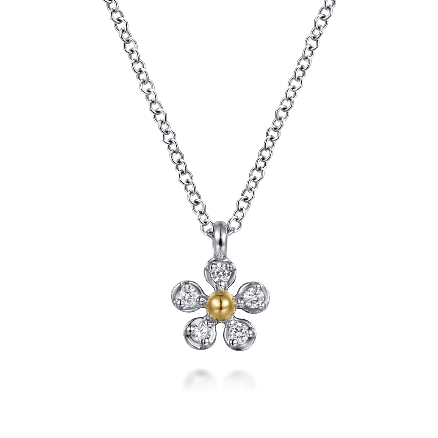 14K Yellow Gold  925 Sterling Silver Diamond Flower Pendant Necklace