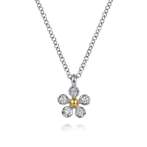 14K Yellow Gold  925 Sterling Silver Diamond Flower Pendant Necklace