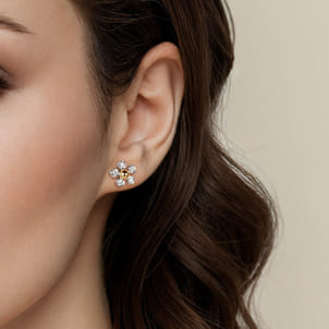 14K Yellow Gold  925 Sterling Silver Diamond Flower Stud Earrings