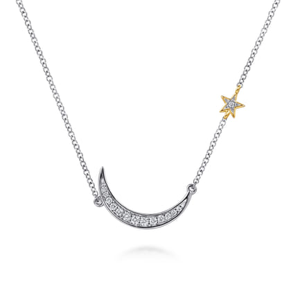 14K Yellow Gold  925 Sterling Silver Diamond Moon and Star Pendant Necklace