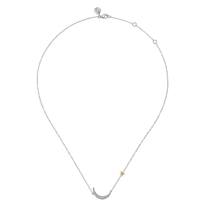 14K Yellow Gold  925 Sterling Silver Diamond Moon and Star Pendant Necklace