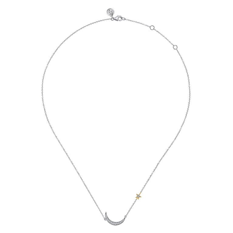 14K Yellow Gold  925 Sterling Silver Diamond Moon and Star Pendant Necklace - 0.12 ct - Shot 2