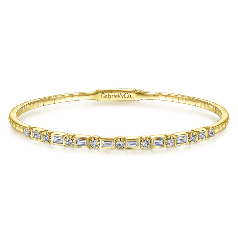 14K Yellow Gold Alternating Baguette and Round Diamond Bangle - 0.85 ct - Shot 1