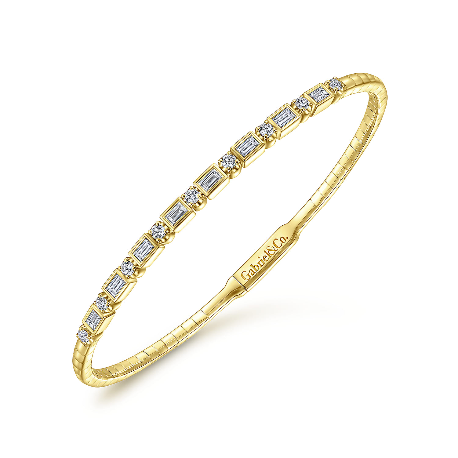14K Yellow Gold Alternating Baguette and Round Diamond Bangle - 0.85 ct - Shot 2