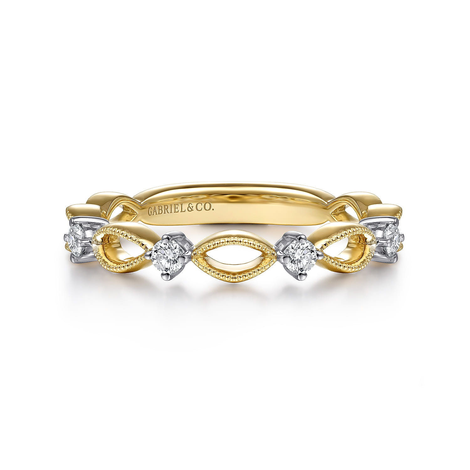14K Yellow Gold Alternating Open Link and Diamond Stackable Ring - 0.14 ct - Shot 1