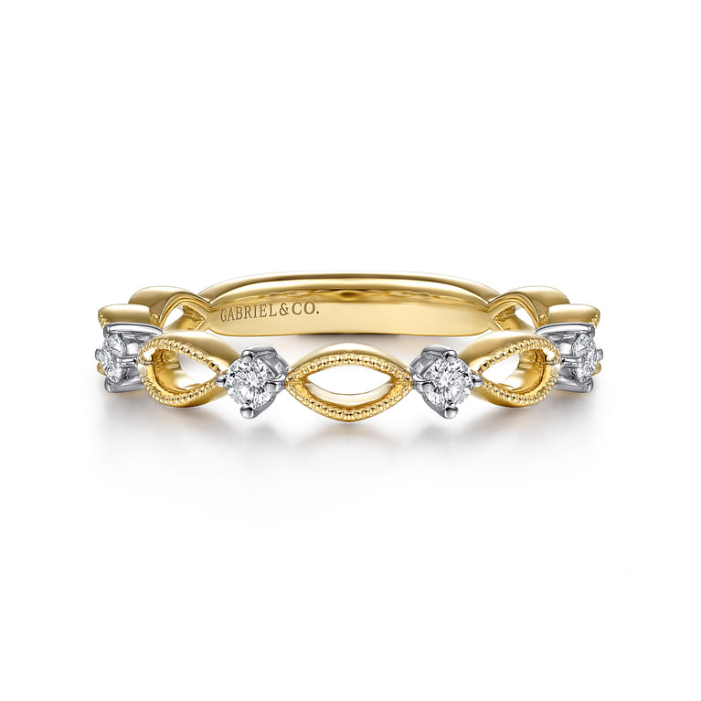 14K Yellow Gold Alternating Open Link and Diamond Stackable Ring - 0.14 ct - Shot 1