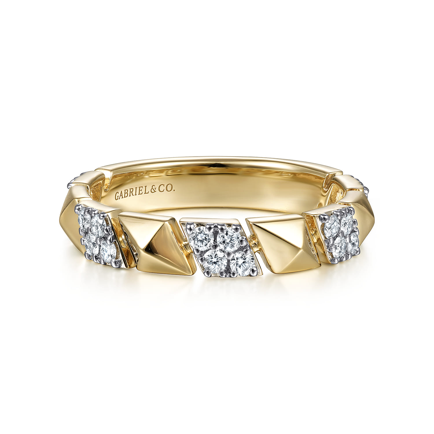 14K Yellow Gold Alternating Pave Diamond and Pyramid Ring - 0.3 ct - Shot 1