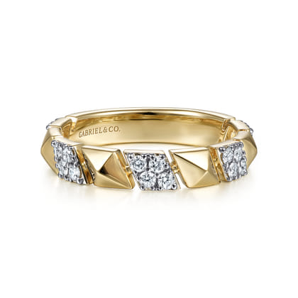 14K Yellow Gold Alternating Pave Diamond and Pyramid Ring