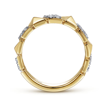 14K Yellow Gold Alternating Pave Diamond and Pyramid Ring