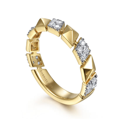 14K Yellow Gold Alternating Pave Diamond and Pyramid Ring