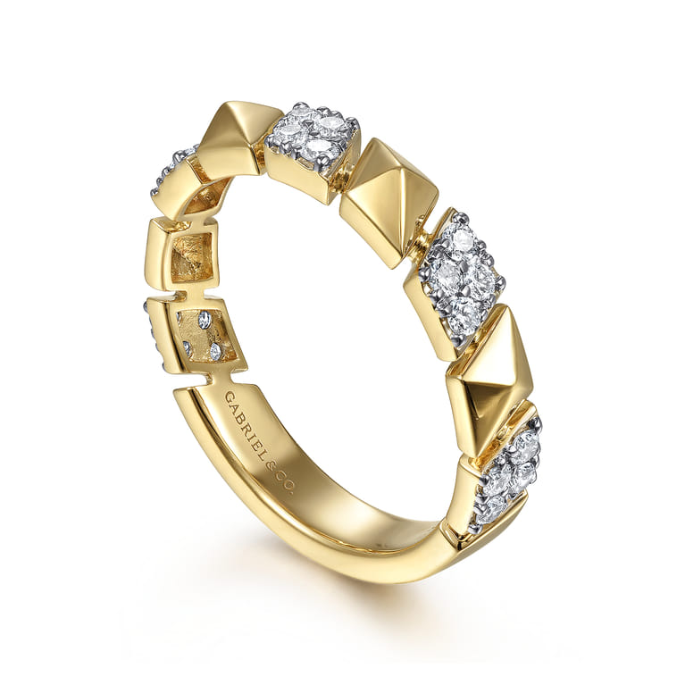 14K Yellow Gold Alternating Pave Diamond and Pyramid Ring - 0.3 ct - Shot 3