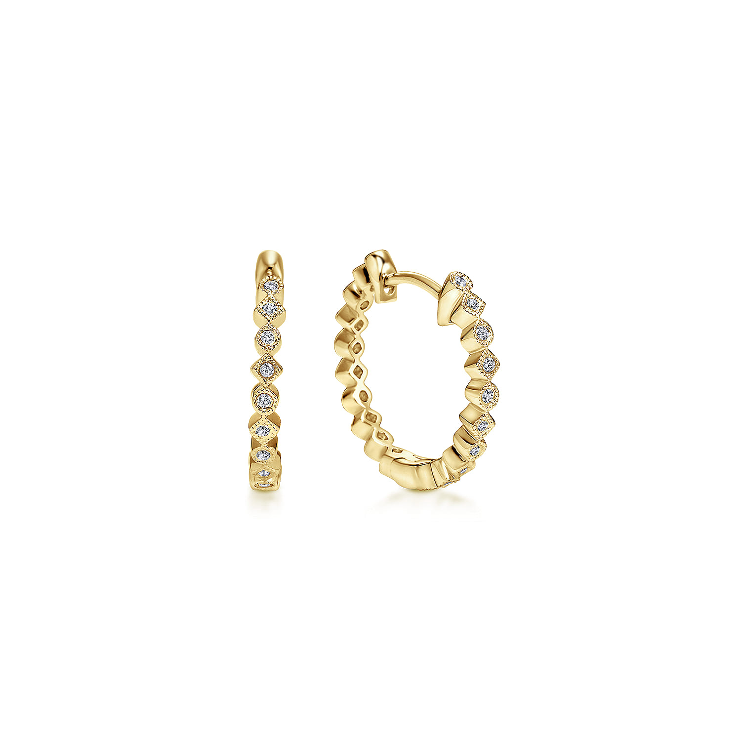 14K Yellow Gold Alternating Square and Round Diamond 15mm Huggies - 0.08 ct - Shot 1