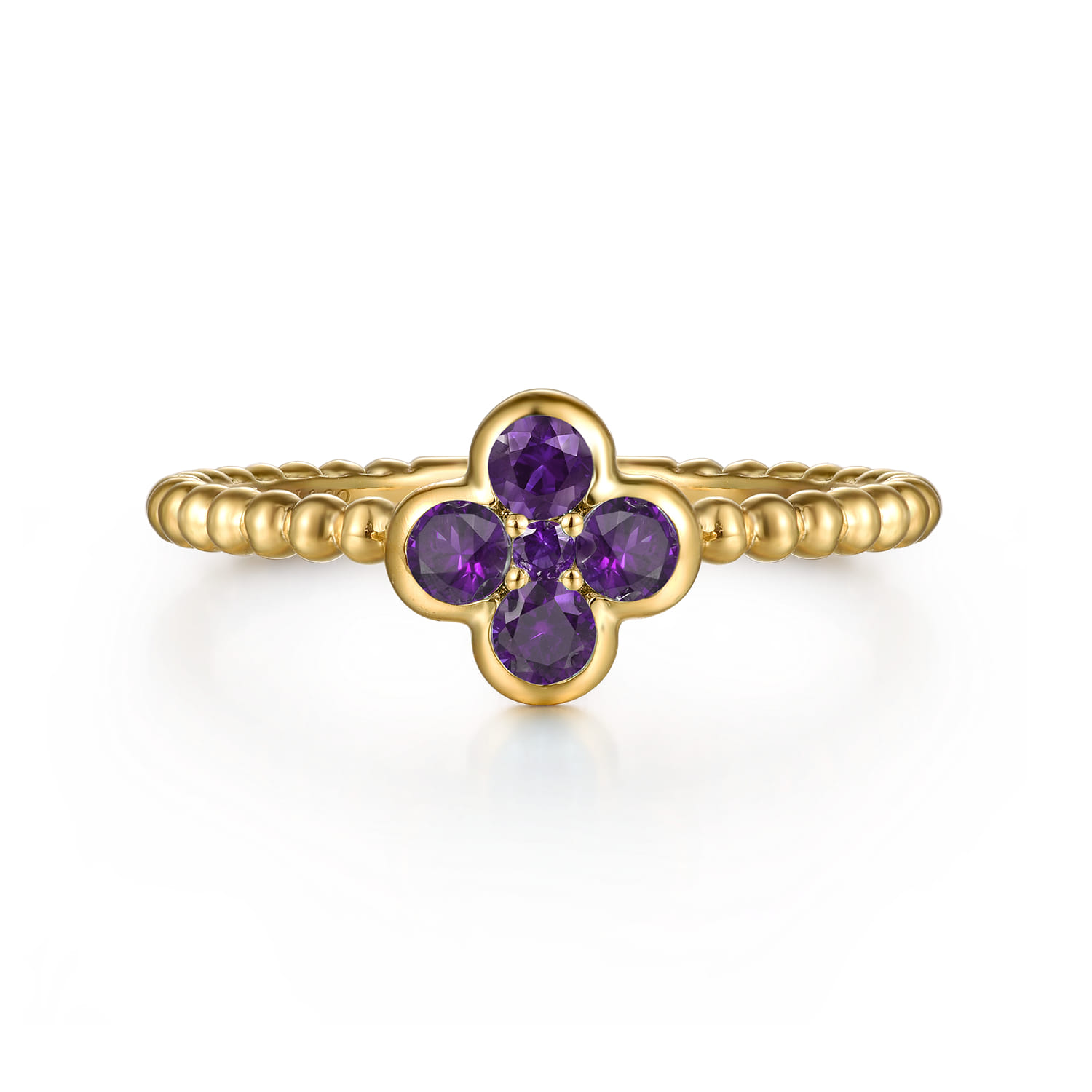 14K Yellow Gold Amethyst Cluster Clover and Bujukan Bead Stackable Ring - Shot 1