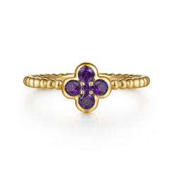14K Yellow Gold Amethyst Cluster Clover and Bujukan Bead Stackable Ring