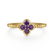 14K Yellow Gold Amethyst Cluster Clover and Bujukan Bead Stackable Ring