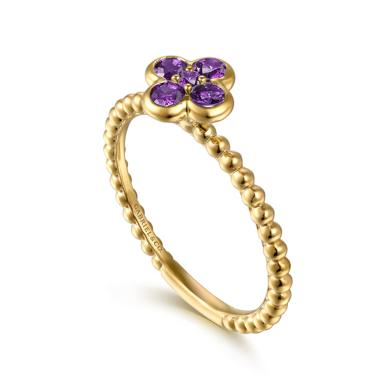 14K Yellow Gold Amethyst Cluster Clover and Bujukan Bead Stackable Ring - Shot 3