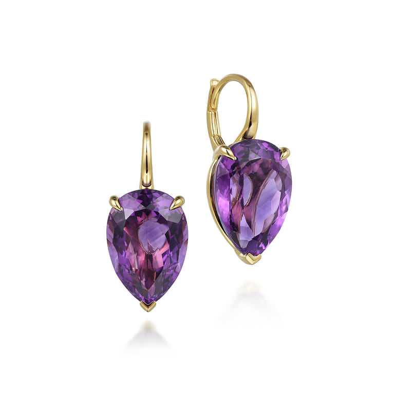 14K Yellow Gold Amethyst Flat Pear Shape Earrings - Shot 1