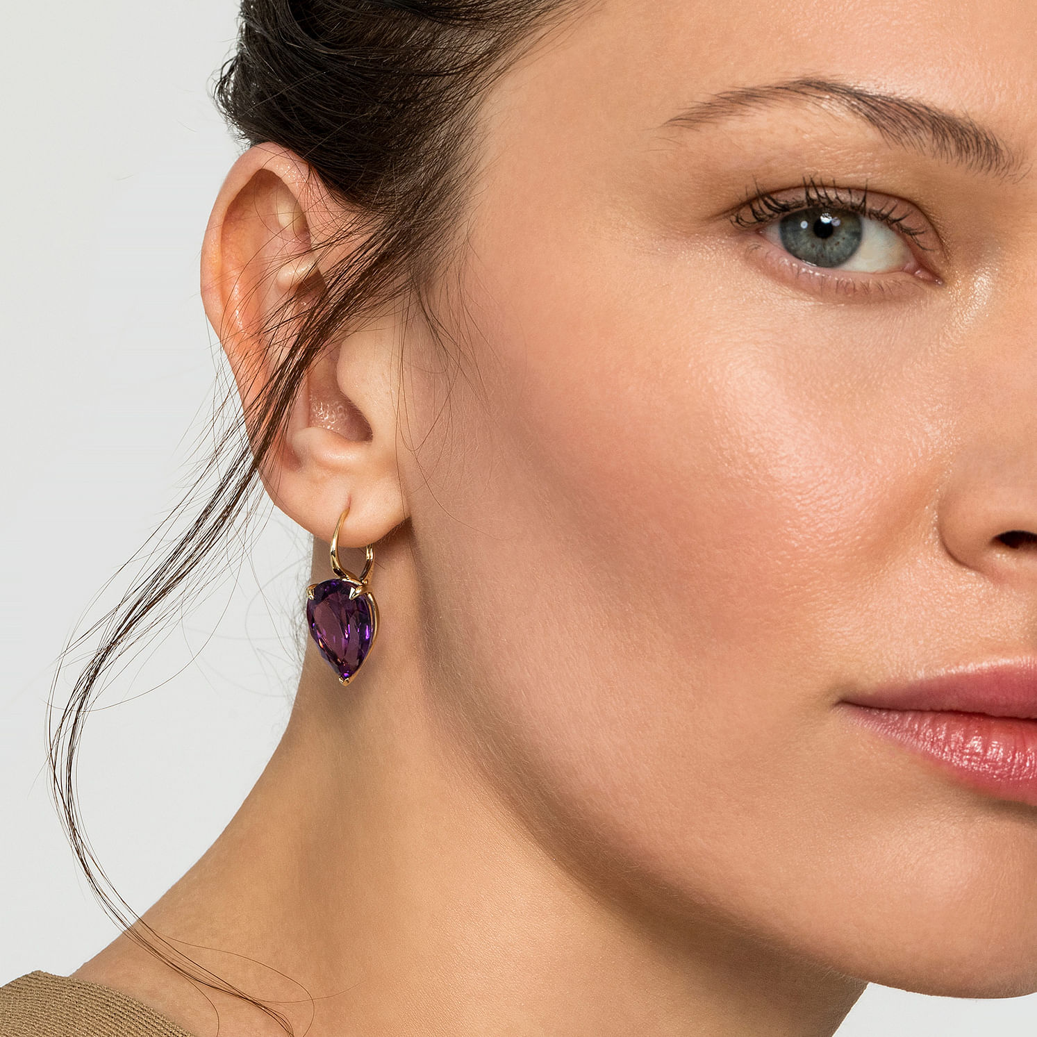 14K Yellow Gold Amethyst Flat Pear Shape Earrings - Shot 2
