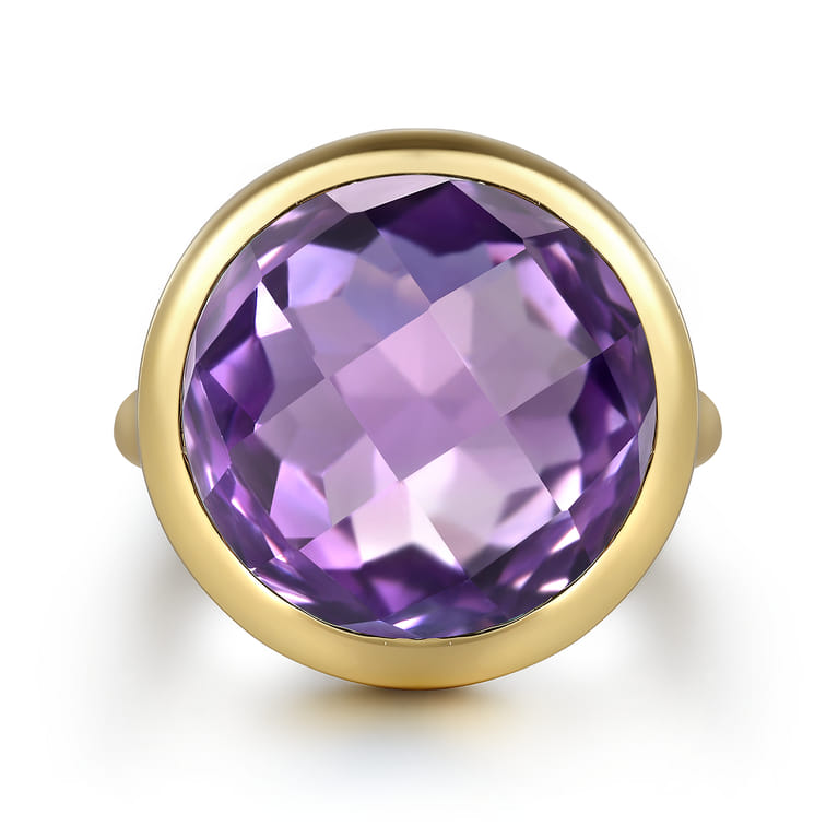 14K Yellow Gold Amethyst Round Shape Ladies Ring With Flower Pattern J-Back - Shot 1