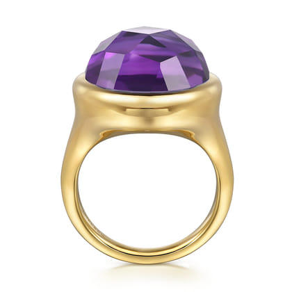 14K Yellow Gold Amethyst Round Shape Ladies Ring With Flower Pattern J-Back