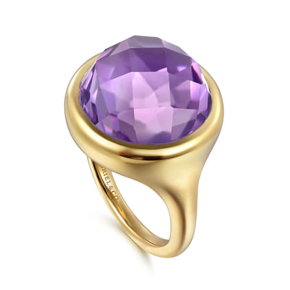 14K Yellow Gold Amethyst Round Shape Ladies Ring With Flower Pattern J-Back