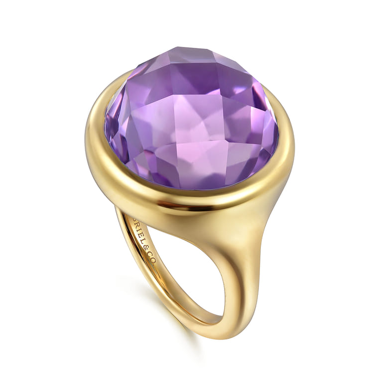 14K Yellow Gold Amethyst Round Shape Ladies Ring With Flower Pattern J-Back - Shot 3