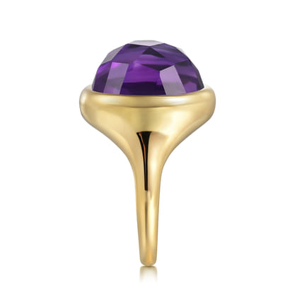 14K Yellow Gold Amethyst Round Shape Ladies Ring With Flower Pattern J-Back