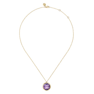 14K Yellow Gold Amethyst Round Shape Necklace With Flower Pattern J-Back