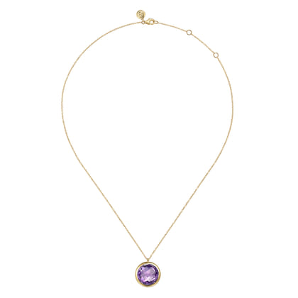 14K Yellow Gold Amethyst Round Shape Necklace With Flower Pattern J-Back