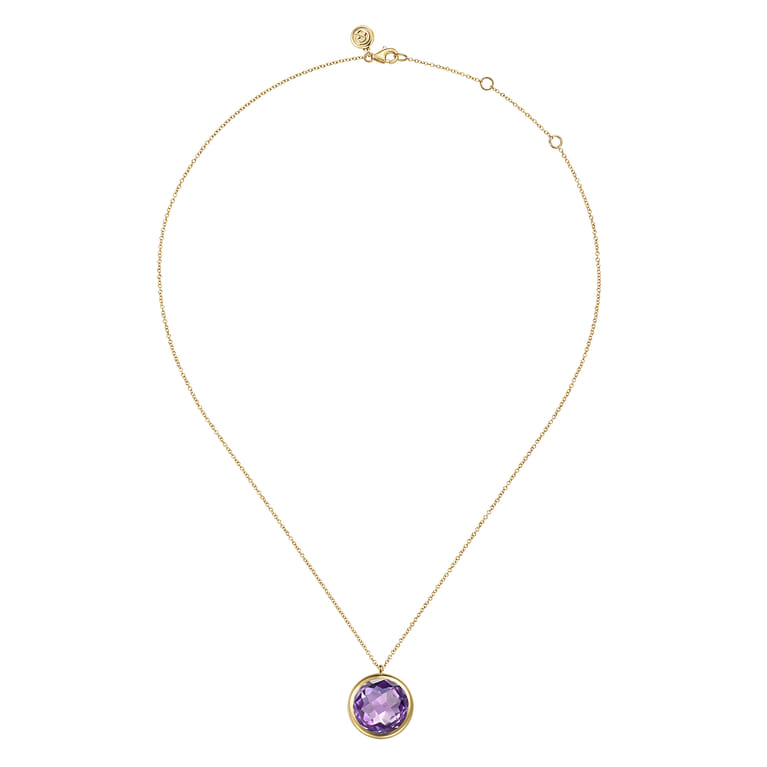 14K Yellow Gold Amethyst Round Shape Necklace With Flower Pattern J-Back - Shot 2