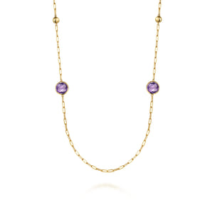 14K Yellow Gold Amethyst Round Shape Necklace With Four Stations Beads and Bezel Setting
