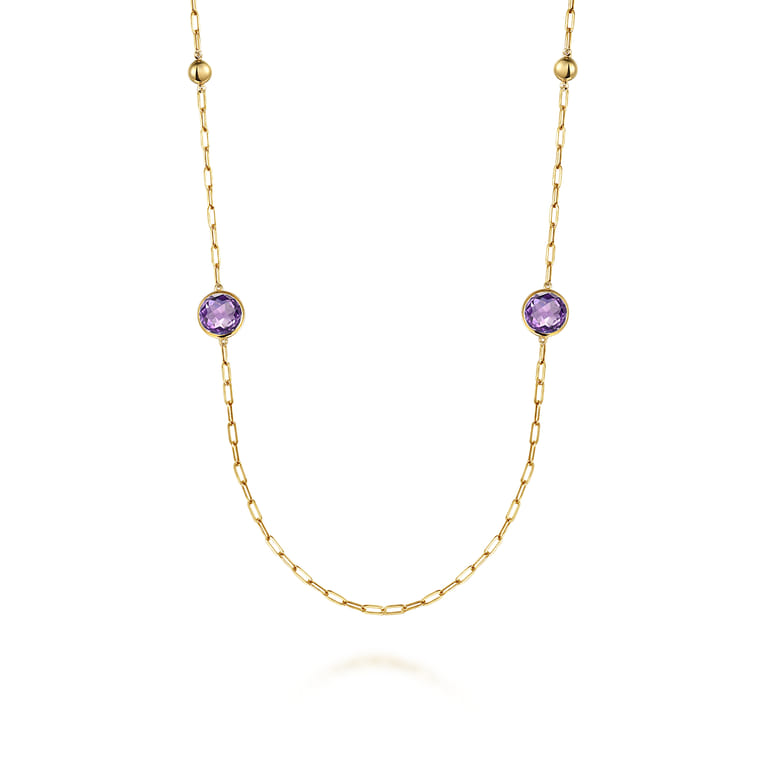 14K Yellow Gold Amethyst Round Shape Necklace With Four Stations Beads and Bezel Setting - Shot 1